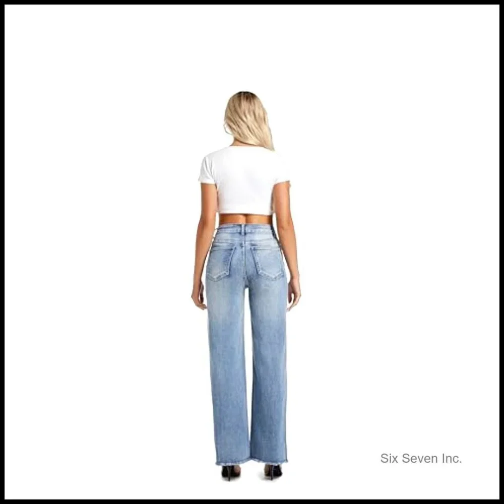 High Waisted Wide Leg Jeans Stretchy Straight Raw Hem Casual Denim